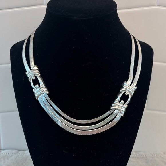 Crown Trifari Vintage Necklace - Multi-chain Herringbone - Silver Tone - Picture 1 of 3